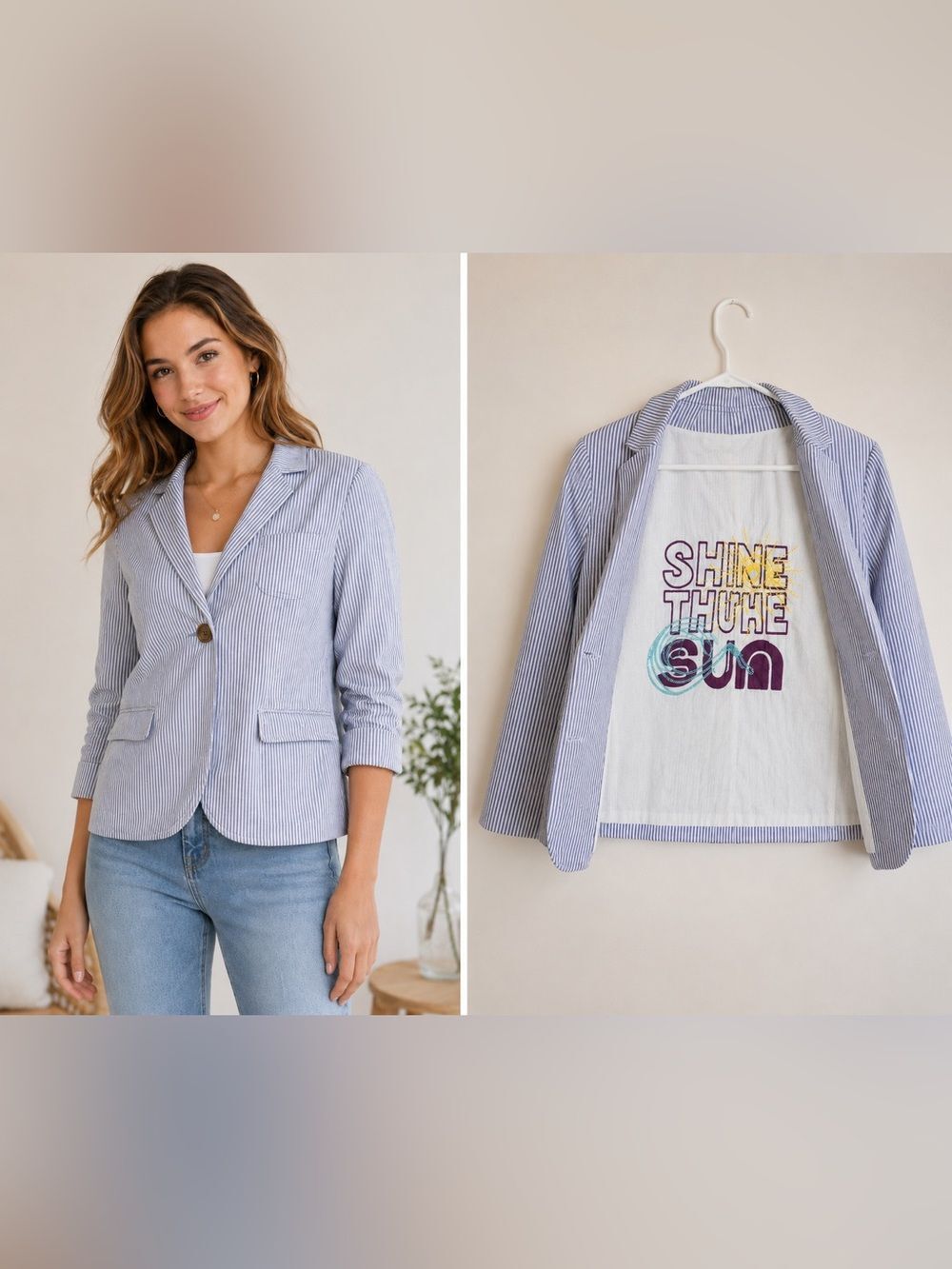 Old Navy Y2K Blue White Seersucker Blazer Nautical Coastal Hidden Embroidery L